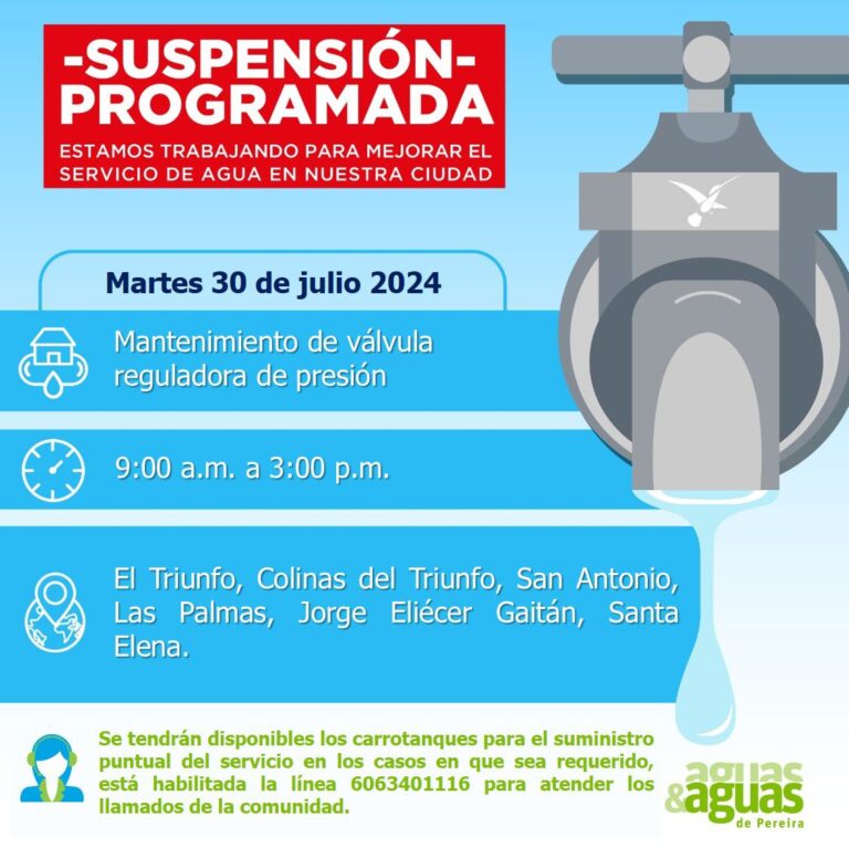 HABRÁ SUSPENSIÓN DEL SERVICIO DE AGUA EN PEREIRA : CONOZCA LOS SECTORES Y LOS HORARIOS.